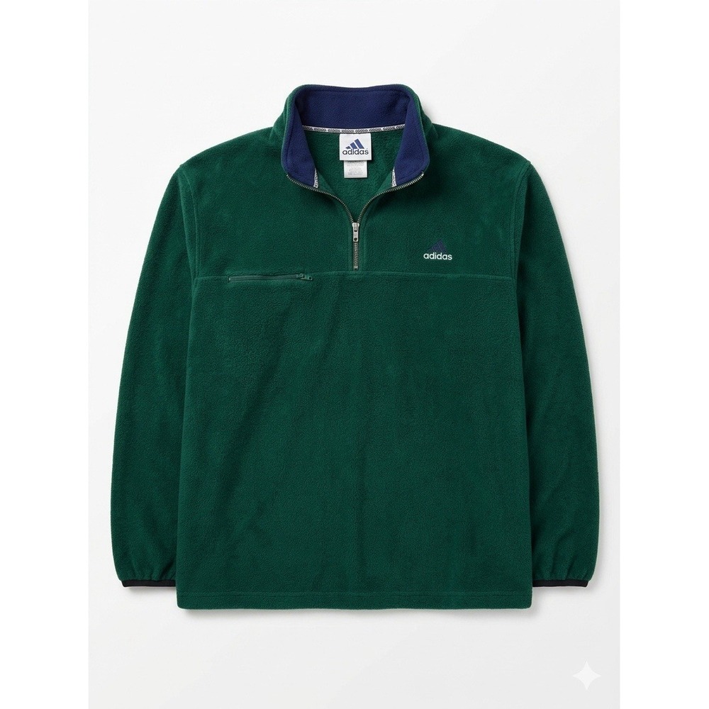 Vtg 90s Adidas Fleece Quarter Zip Pullover Sweater Forest Green Mens XL Pocket